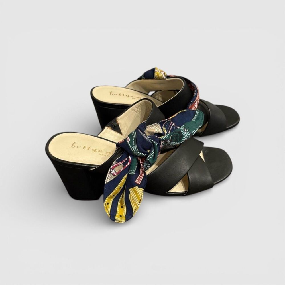 Bettye Muller Vero Cuoio Black Leather Scarf Bow Sandals Block Heel, Women 7.5M